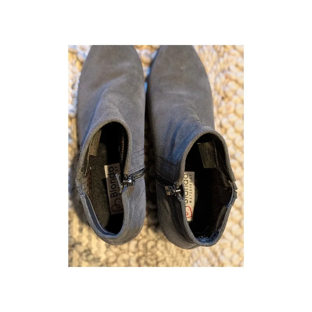 Blondo Waterproof Grey Suede Ankle Boots Block Heel Booties Almond Toe size 7